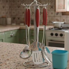6-Piece Stainless Steel Kitchen Utensils Set with Stand | Heat-Resistant Handles | Cooking & Serving Tools