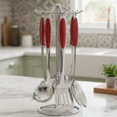 6-Piece Stainless Steel Kitchen Utensils Set with Stand | Heat-Resistant Handles | Cooking & Serving Tools