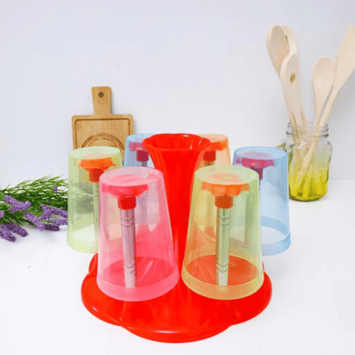 6 Piece Glass Holder Set - Upside Down Mug Drying Rack with Glass Drainer and Storage Functionality