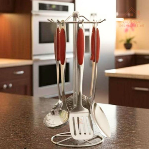 6-Piece Stainless Steel Kitchen Utensils Set with Stand | Heat-Resistant Handles | Cooking & Serving Tools