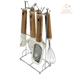 Kitchenware Wooden Handle Kitchen Tool Set with Stand | Multi-Piece Cooking Utensil Kit | Stainless Steel & Durable Grip Handles | Space-Saving Countertop Organizer