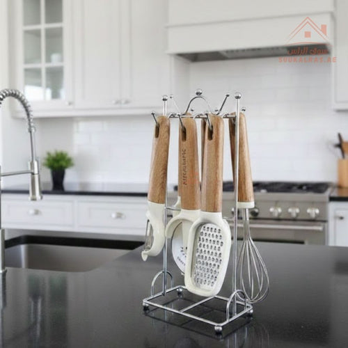 Kitchenware Wooden Handle Kitchen Tool Set with Stand | Multi-Piece Cooking Utensil Kit | Stainless Steel & Durable Grip Handles | Space-Saving Countertop Organizer